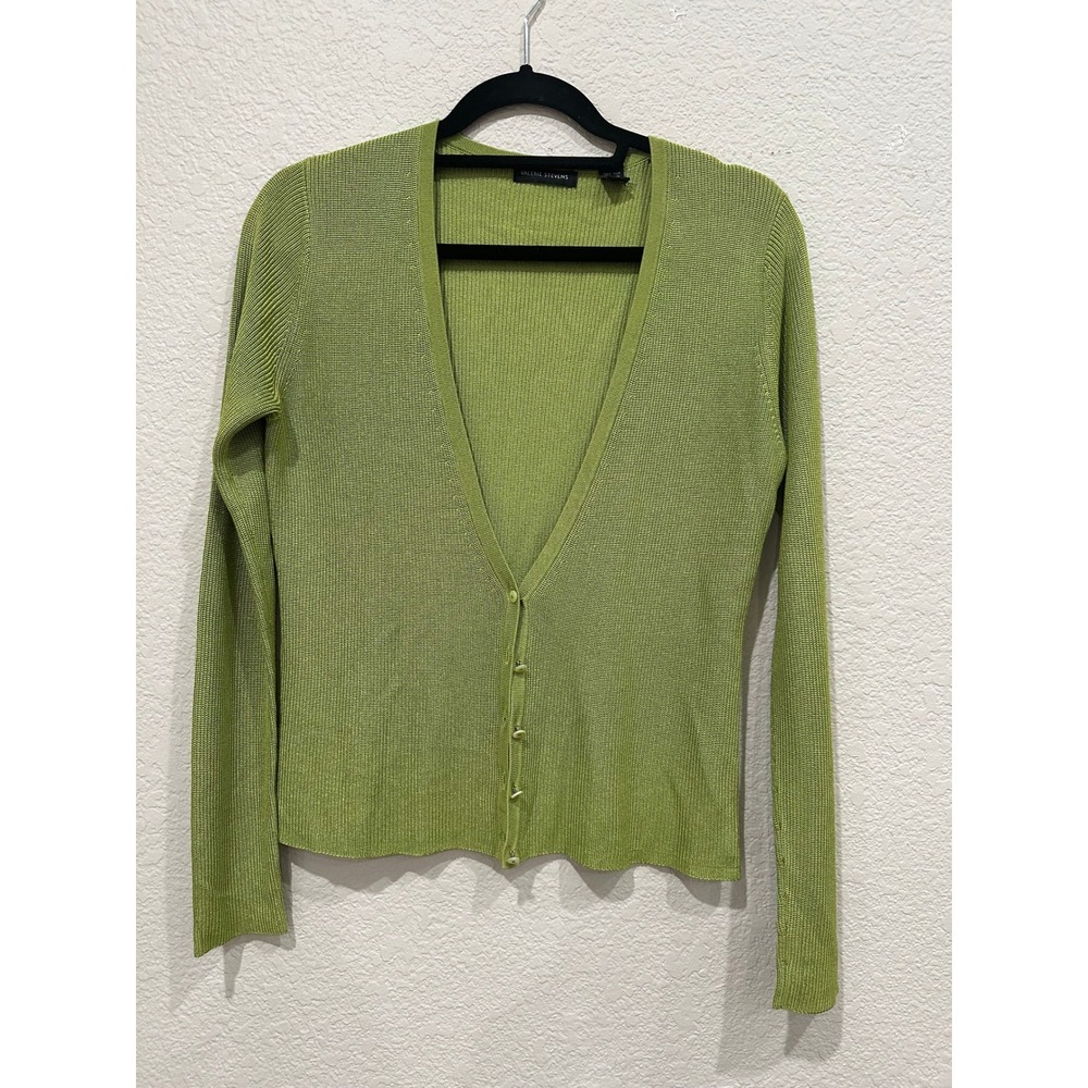 Valerie Stevens Lime Green 100% Silk Knit V-Neck Button Front Cardigan Y2K M